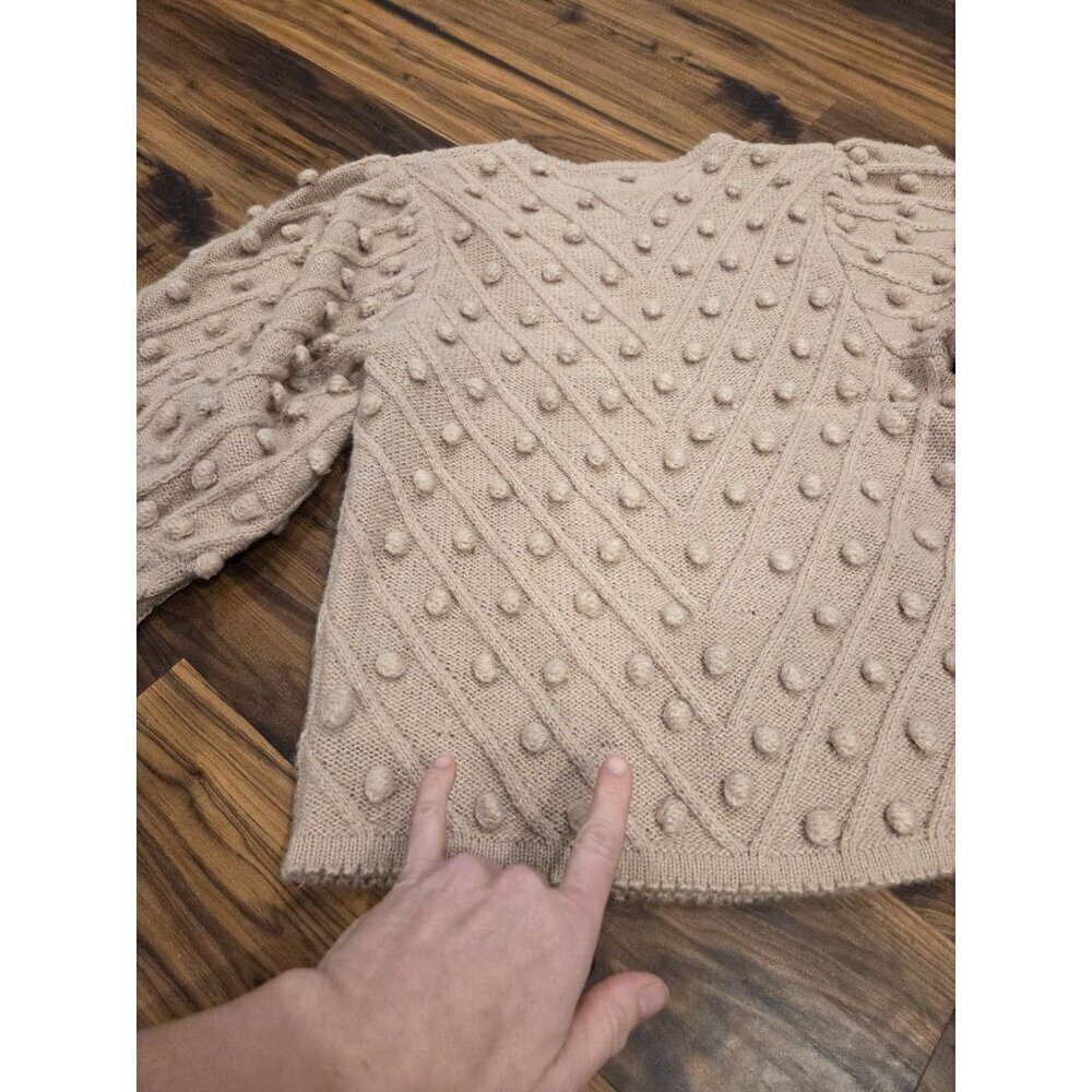 Chicwish Bobble Knit Sweater Womens Beige Textured Pom Pom Balloon Sleeve - Picture 13 of 14